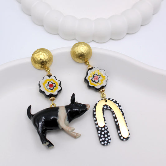 Black Pig & Flower Gold Earrings