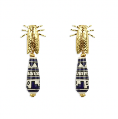 Cicada Blue Teardrop Gold Earrings