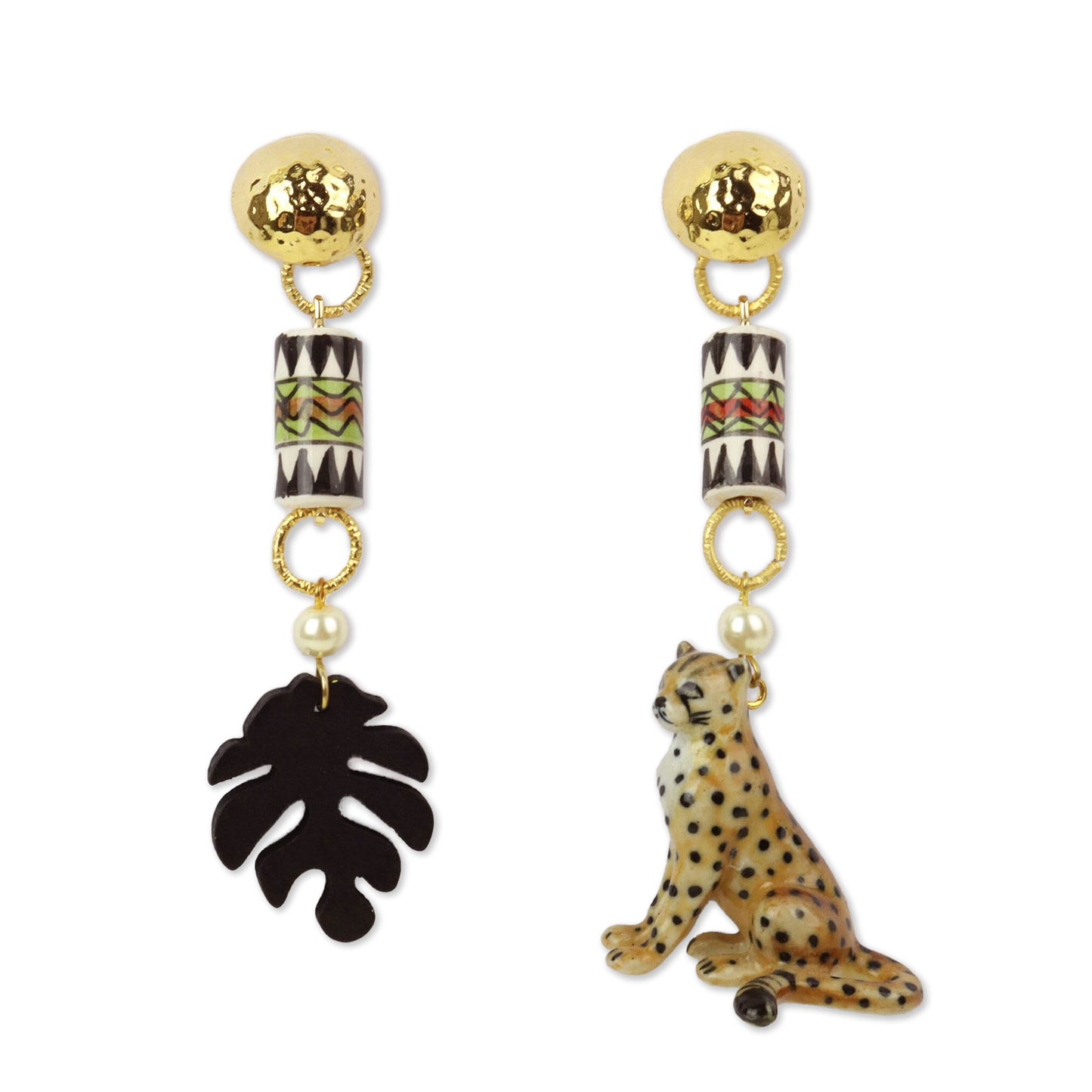 Cheetah & Monstera Leaf Gold Earrings