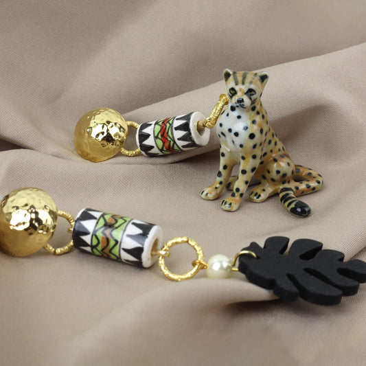 Cheetah & Monstera Leaf Gold Earrings