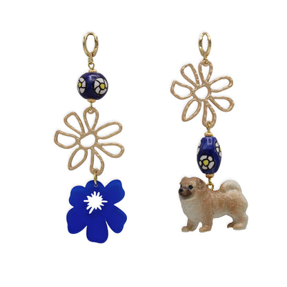 Chow Chow Dog & Flower Gold Earrings