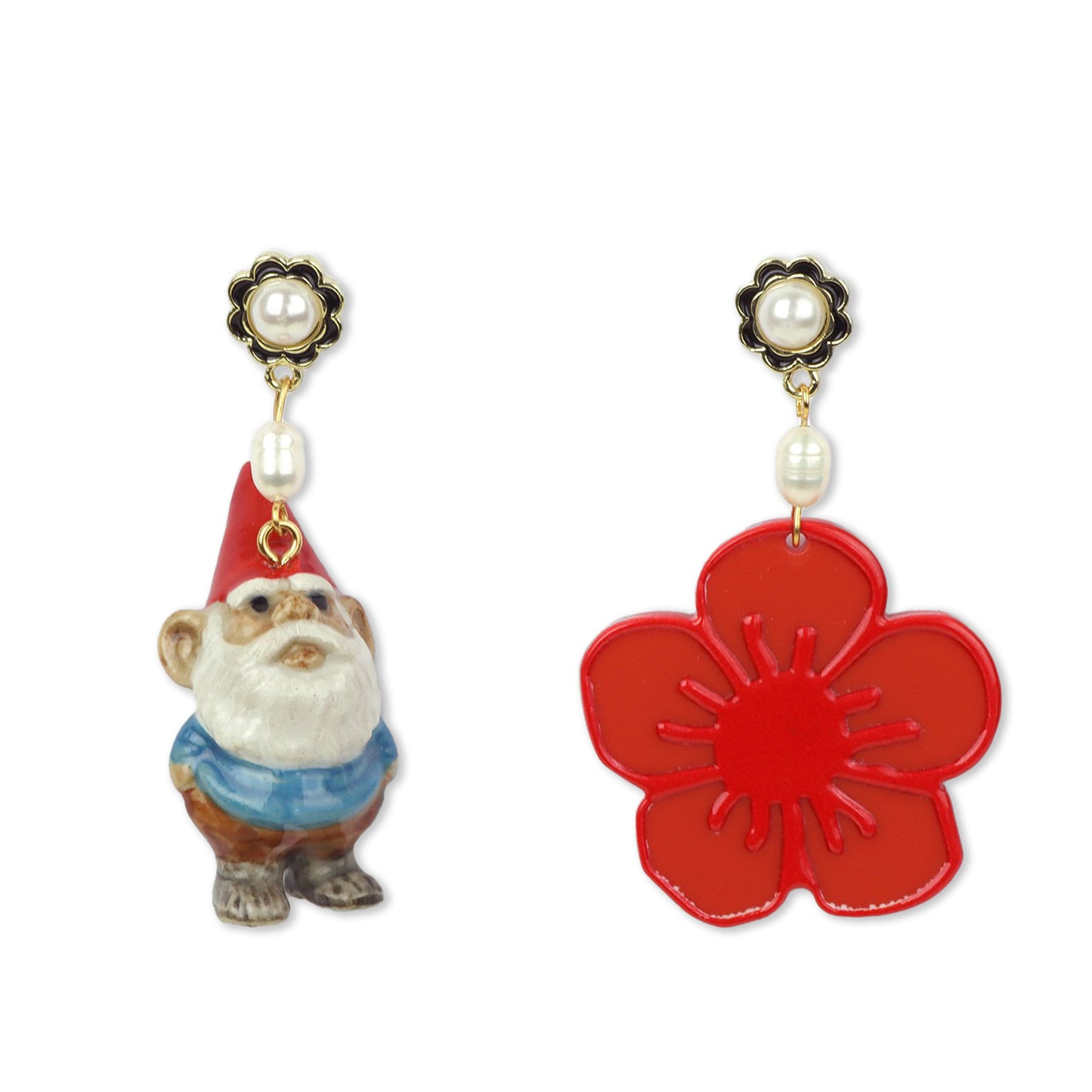 Garden Gnome & Flower Gold Earrings