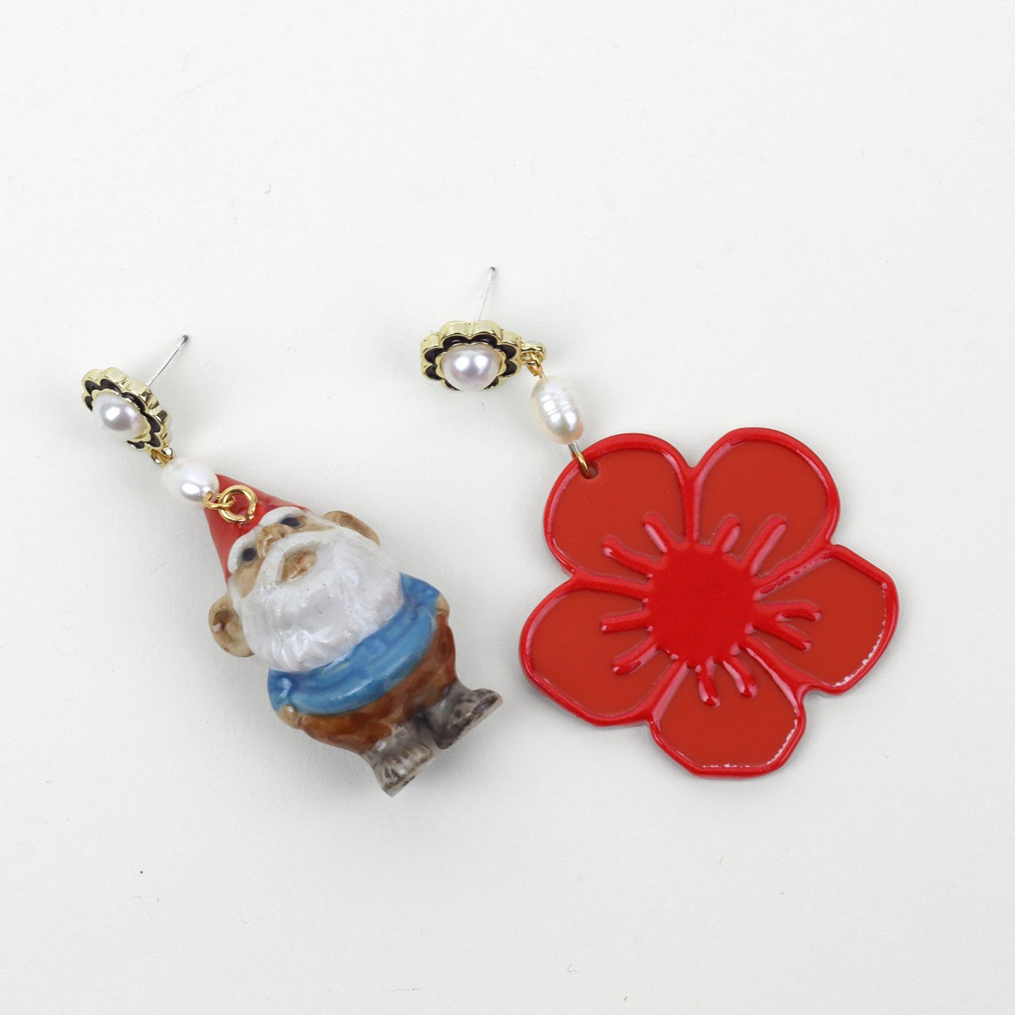 Garden Gnome & Flower Gold Earrings