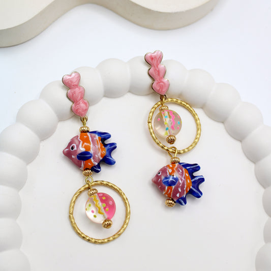 Pink, Blue & Orange Fish Earrings