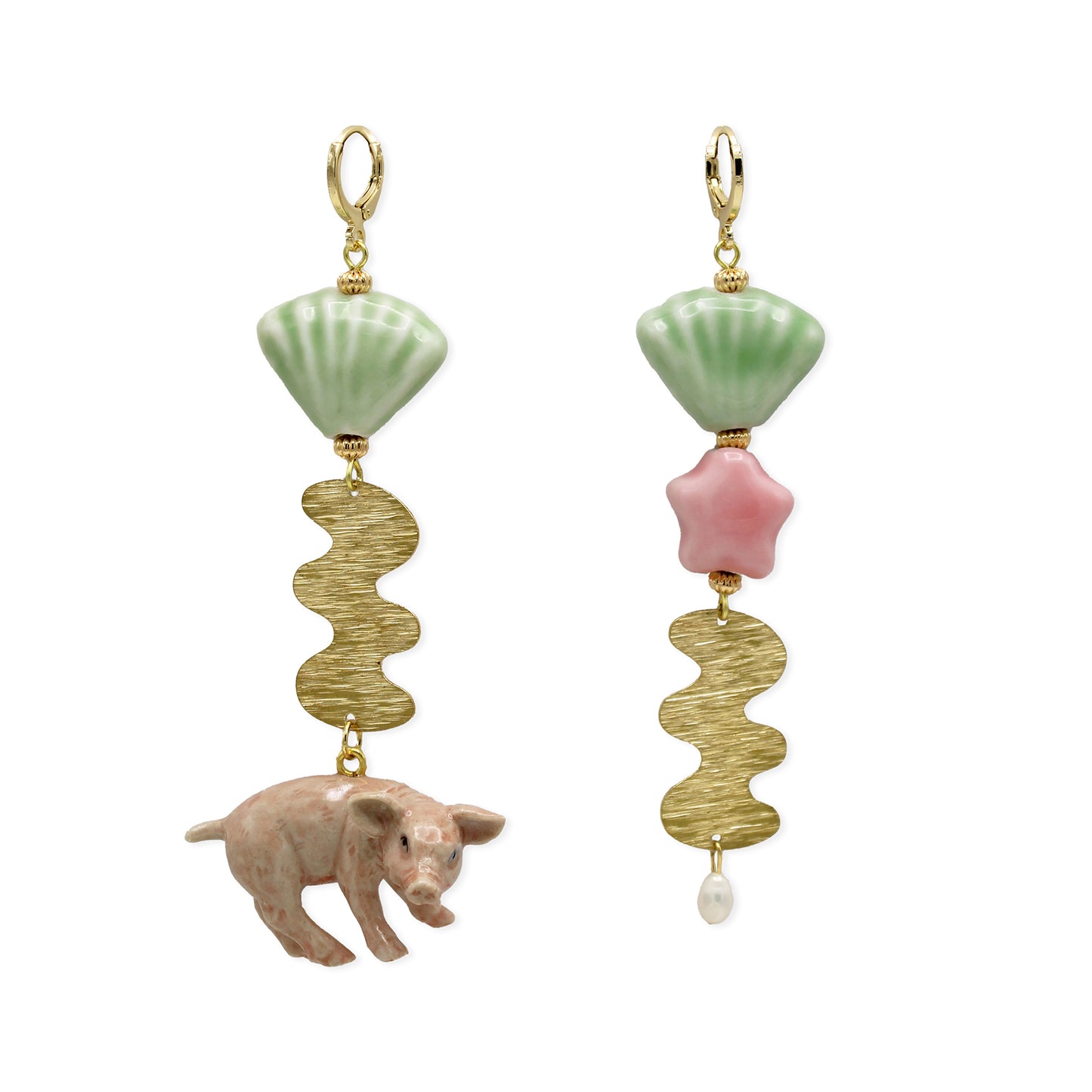 Pink Pig & Star Gold Earrings