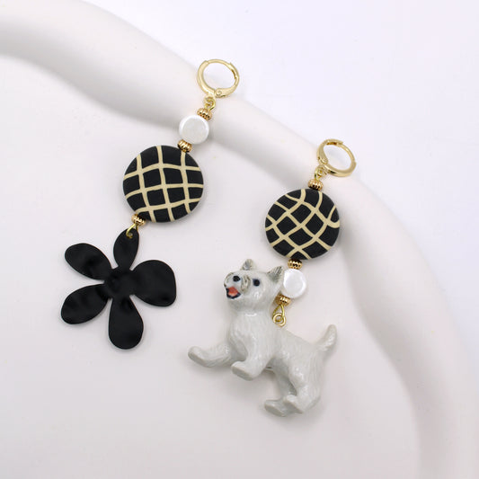 Westie Dog & Black Flower Gold Earrings