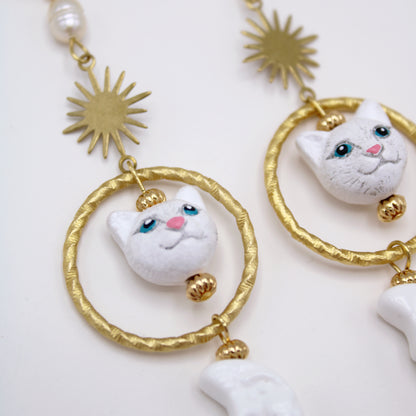 White Cat & Moon Gold Earrings