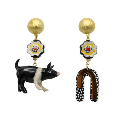 Black Pig & Flower Gold Earrings