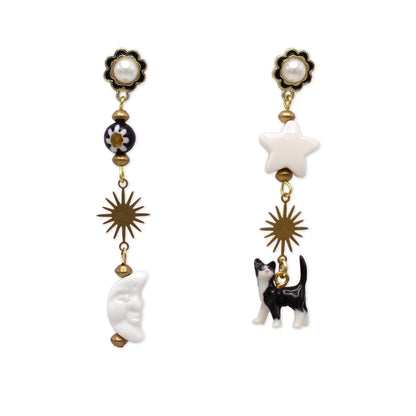 Tuxedo Cat, Moon & Star Gold Earrings