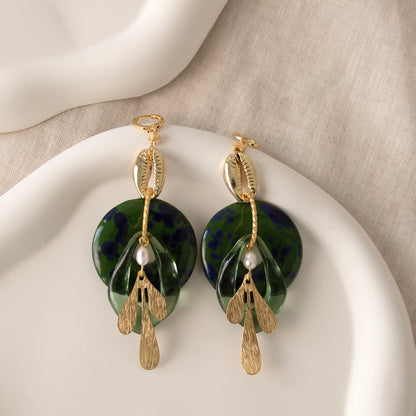 Venus Shell Emerald Green & Gold Earrings