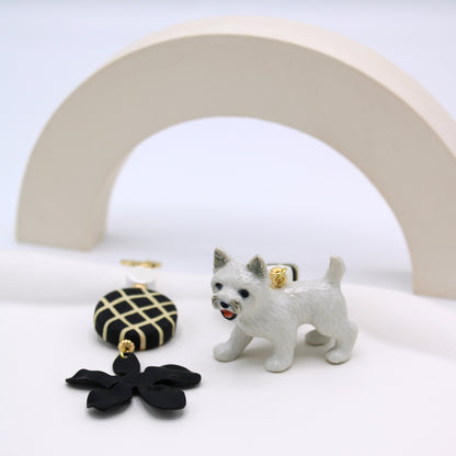 Westie Dog & Black Flower Gold Earrings