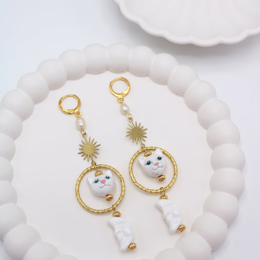 White Cat & Moon Gold Earrings